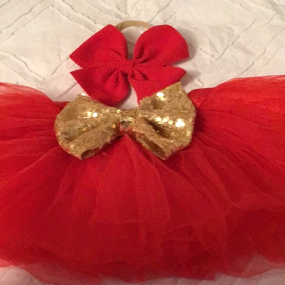 Red tulle tutu skirt with gold sequin bow and red headpiece